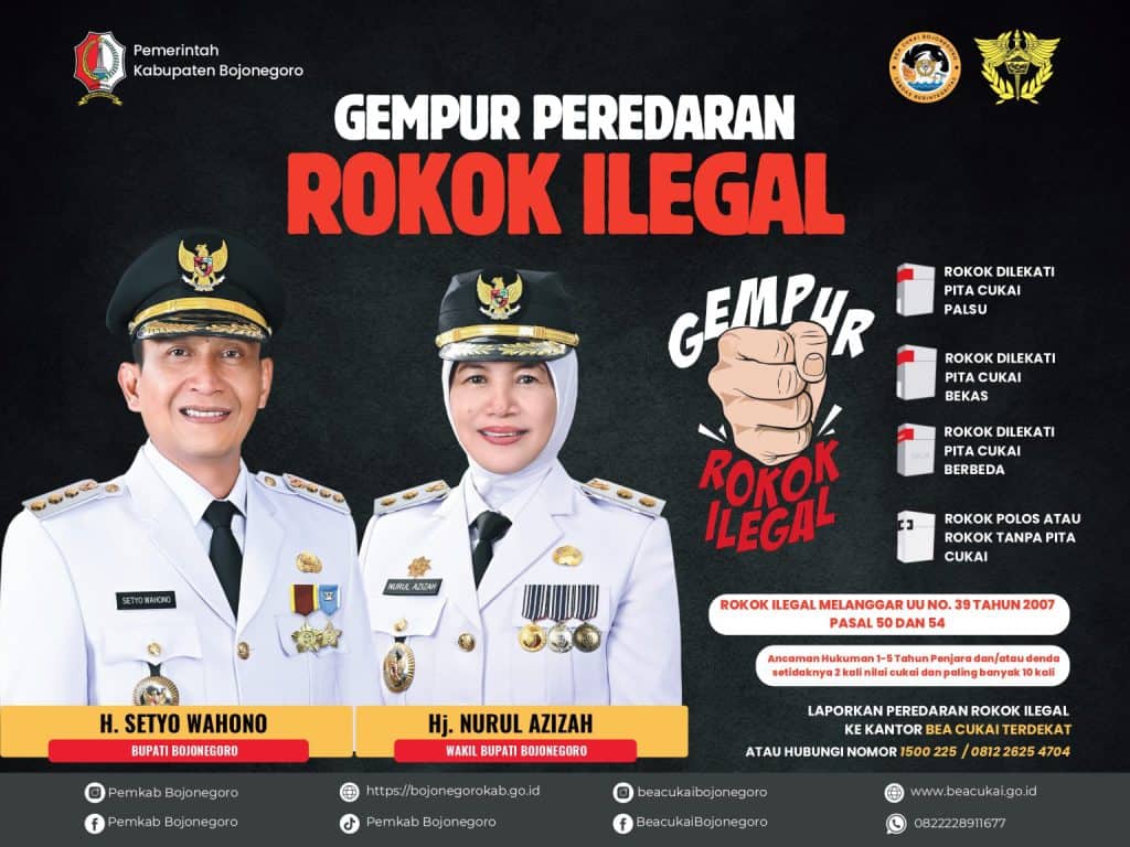 Dilarang mengandung rokok ilegal, poster kampanye antirokok dari Pemerintah Kabupaten Bojonegoro, menampilkan pejabat penting dan pesan bahaya rokok ilegal serta larangan distribusi rokok tanpa cukai.
