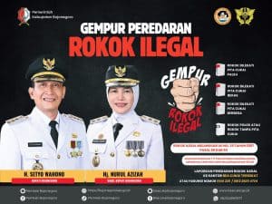 Dilarang mengandung rokok ilegal, poster kampanye antirokok dari Pemerintah Kabupaten Bojonegoro, menampilkan pejabat penting dan pesan bahaya rokok ilegal serta larangan distribusi rokok tanpa cukai.