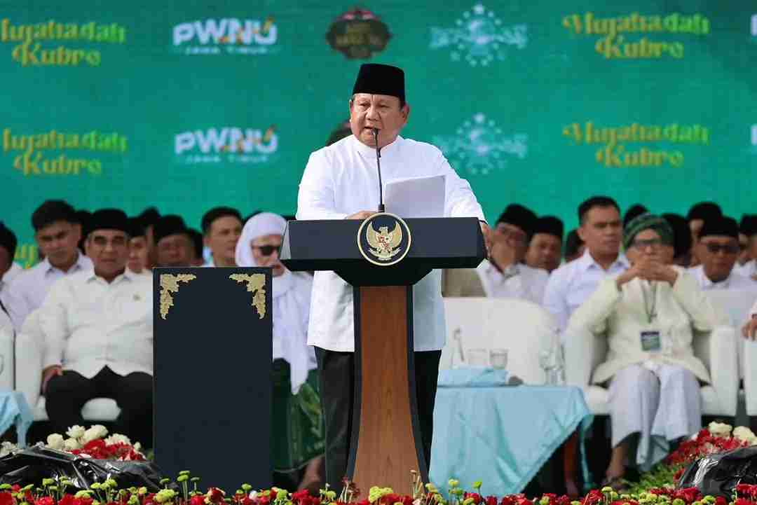 Presiden Prabowo Subianto menyampaikan sambutan dalam Mujahadah Kubro peringatan Satu Abad Nahdlatul Ulama di Gejayana