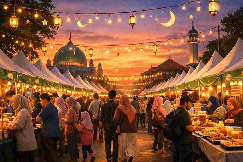 Suasana bazar Ramadhan UMKM di Bojonegoro dengan tenda berjajar dan warga membeli takjil saat sore hari.