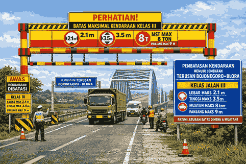 Portal pembatas kendaraan di akses Jembatan Terusan Bojonegoro–Blora sesuai kelas jalan III