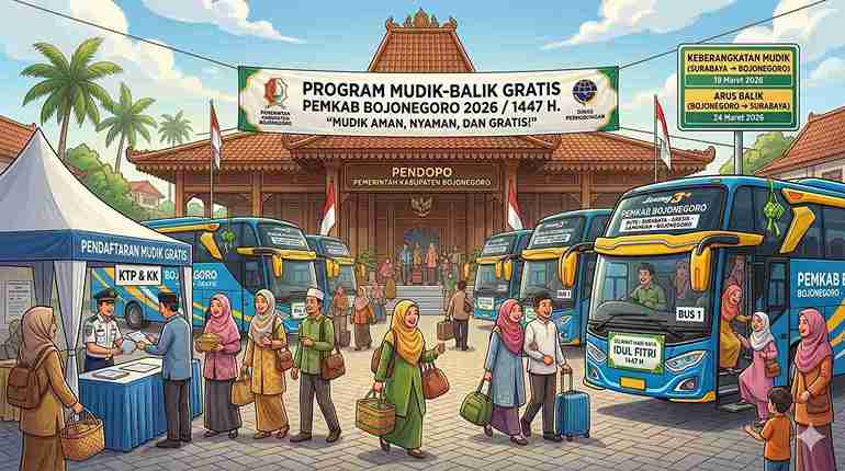 Ilustrasi bus Mudik Gratis Pemkab Bojonegoro 2026 di depan Pendopo Malowopati untuk Idul Fitri 1447 H.