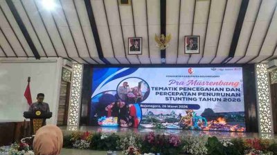Bupati Bojonegoro Setyo Wahono menyampaikan sambutan dalam Pra-Musrenbang Tematik Pencegahan dan Percepatan Penurunan Stunting 2026 di Ruang Angling Dharma Pemkab Bojonegoro