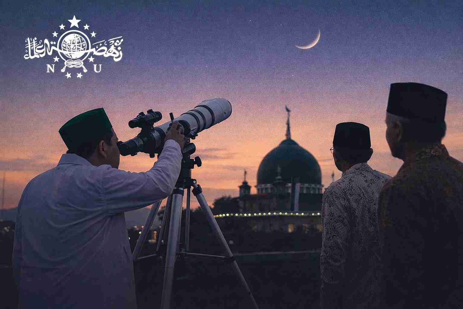 Petugas melakukan rukyatul hilal dengan teleskop di depan masjid saat senja