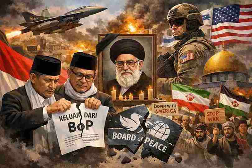 Ilustrasi dua tokoh MUI merobek dokumen keluar dari Board of Peace dengan latar konflik Timur Tengah dan potret Ali Khamenei.