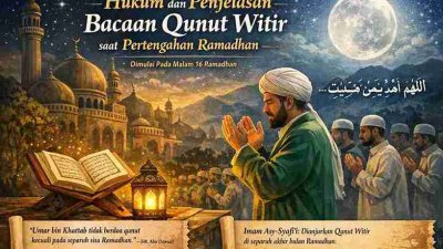Ilustrasi imam memimpin doa qunut witir pada pertengahan Ramadhan di masjid