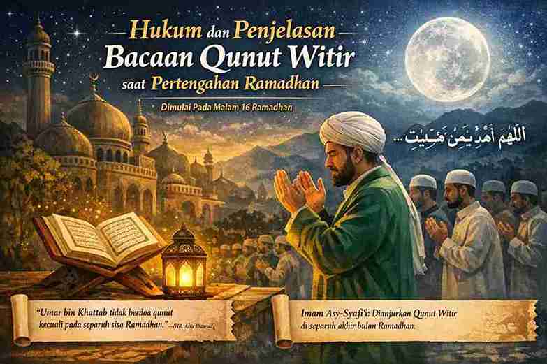 Ilustrasi imam memimpin doa qunut witir pada pertengahan Ramadhan di masjid