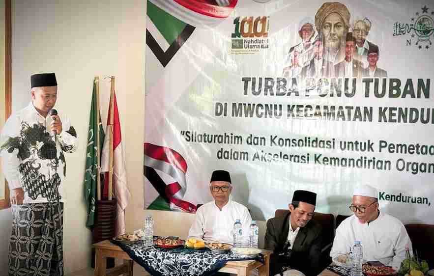 Wakil Ketua Tanfidziyah PCNU Tuban Ust Tyashudi memberikan sambutan dalam kegiatan Turba di MWCNU Kenduruan