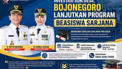 Ilustrasi Bupati dan Wakil Bupati Bojonegoro dalam poster program Beasiswa Sepuluh Sarjana Per Desa tahun 2026