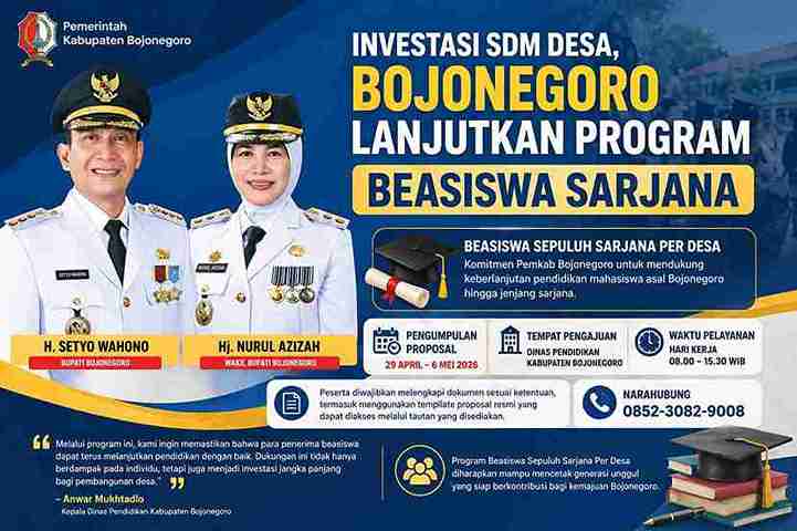 Ilustrasi Bupati dan Wakil Bupati Bojonegoro dalam poster program Beasiswa Sepuluh Sarjana Per Desa tahun 2026