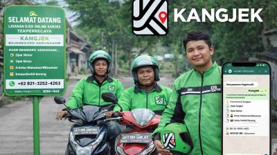 Dafit Kris Biantoro bersama mitra Kangjek ojek online berbasis WhatsApp di Kedungadem Bojonegoro