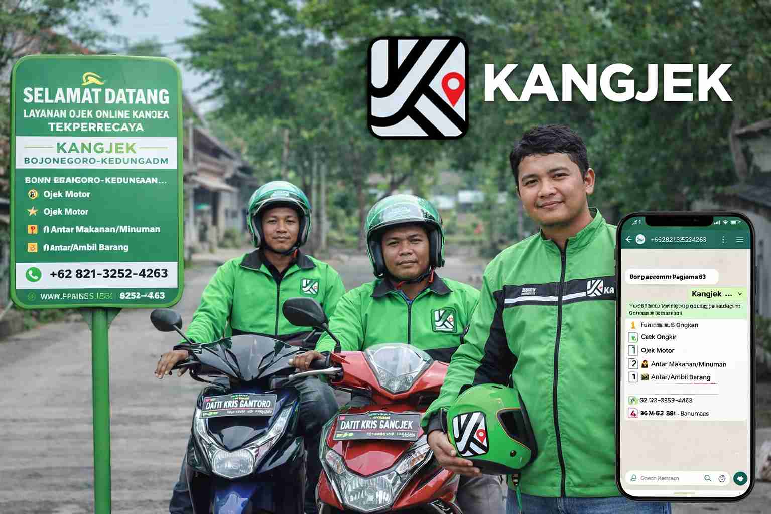 Dafit Kris Biantoro bersama mitra Kangjek ojek online berbasis WhatsApp di Kedungadem Bojonegoro