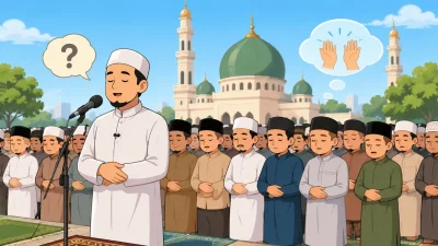 Ilustrasi kartun imam memimpin shalat Idul Adha berjamaah di lapangan dengan jamaah muslim dan latar masjid.
