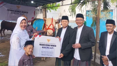 Wakil Bupati Bojonegoro Nurul Azizah menyerahkan sapi bantuan Presiden saat Idul Adha di Masjid Babussofa Bojonegoro