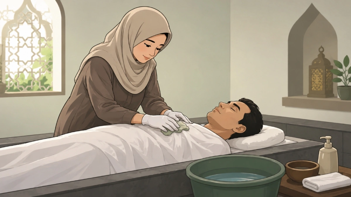 Ilustrasi gambar istri memandikan jenazah suaminya