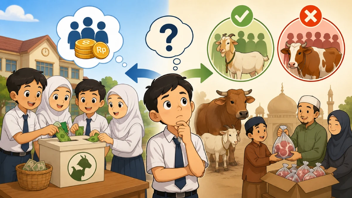 Ilustrasi siswa sekolah iuran kurban Idul Adha sesuai fiqih