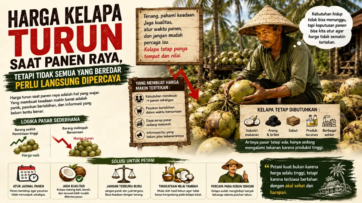 Petani kelapa saat panen raya di tengah turunnya harga kelapa