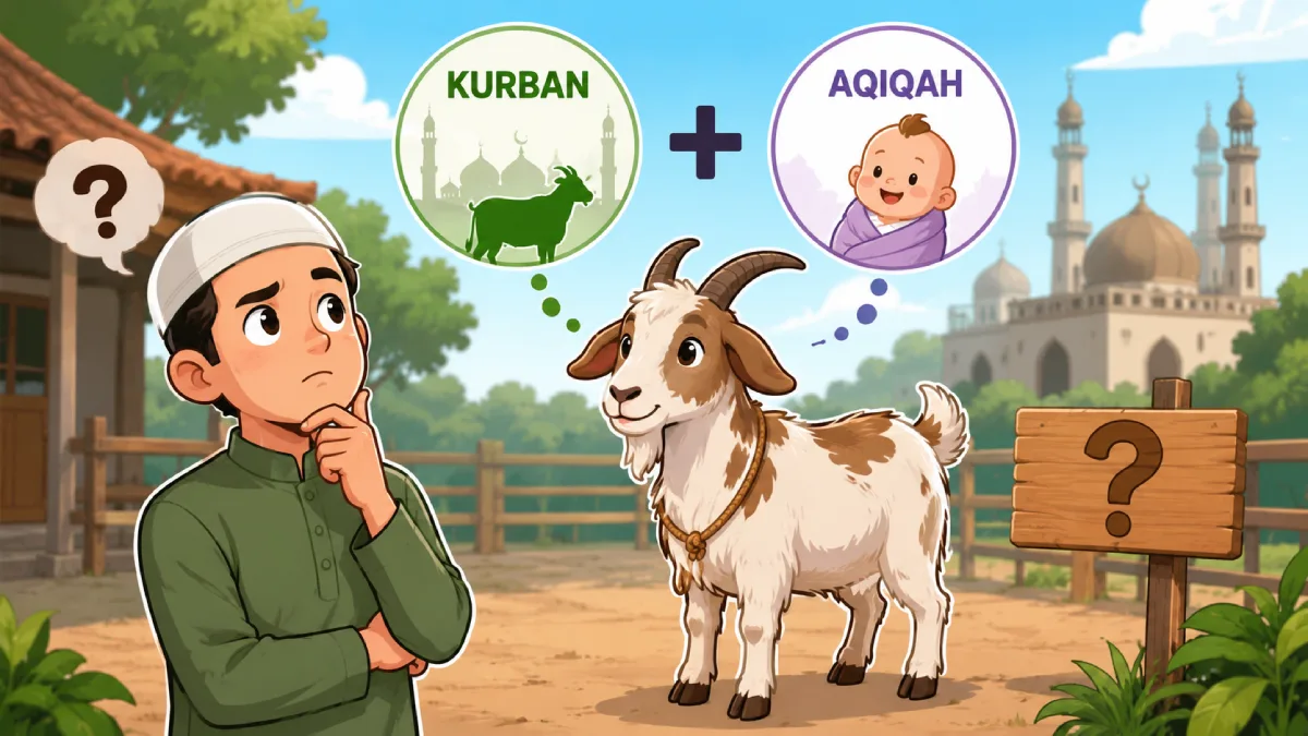 Ilustrasi kartun seorang pria muslim dan kambing untuk pembahasan hukum kurban sekaligus aqiqah dalam Islam.