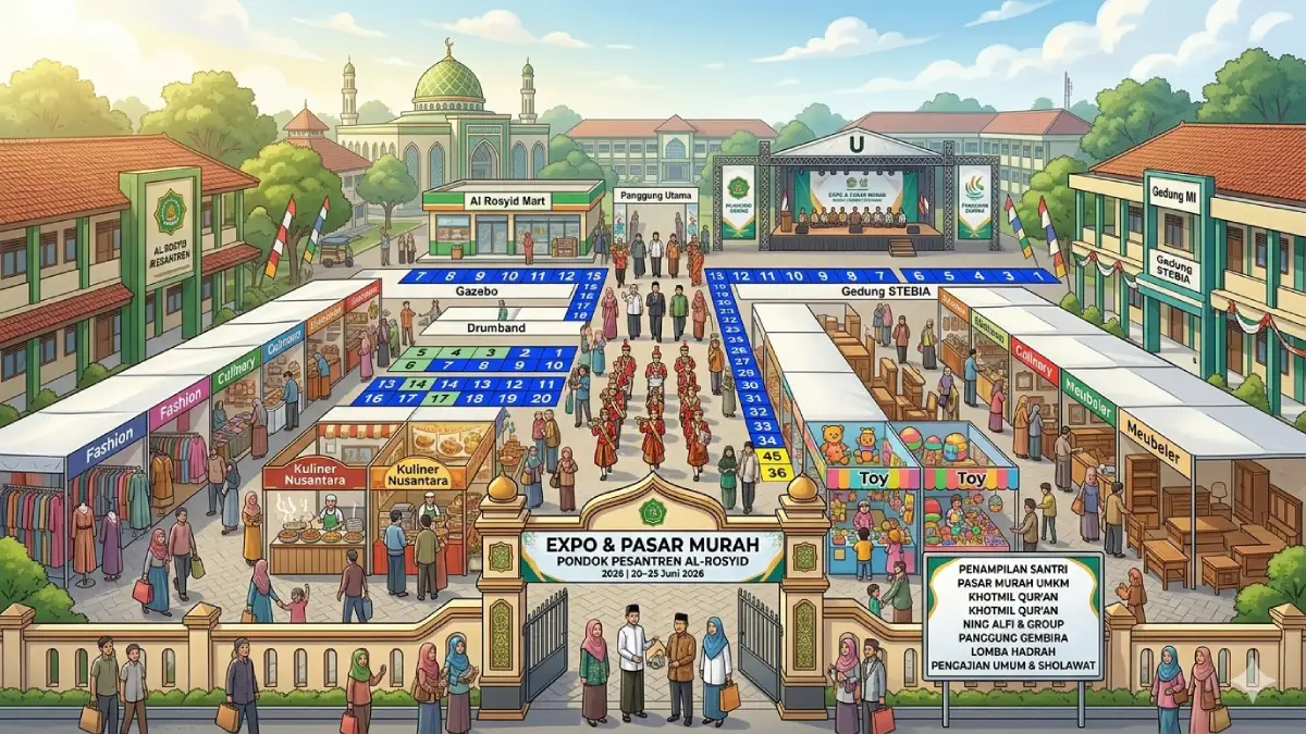 Suasana stand UMKM dan panggung Expo Pasar Murah Pondok Pesantren Al-Rosyid 2026 di Bojonegoro.