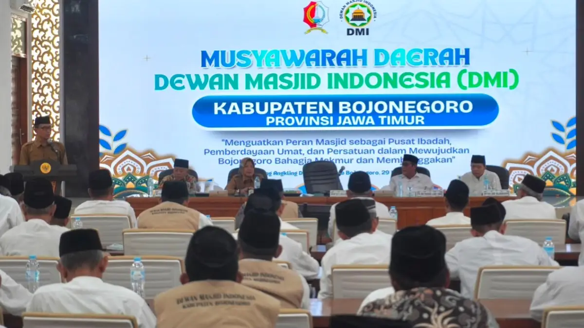 Bupati Bojonegoro Setyo Wahono memberikan sambutan pada Musda DMI Bojonegoro 2026 di Gedung Angling Dharma Pemkab Bojonegoro.