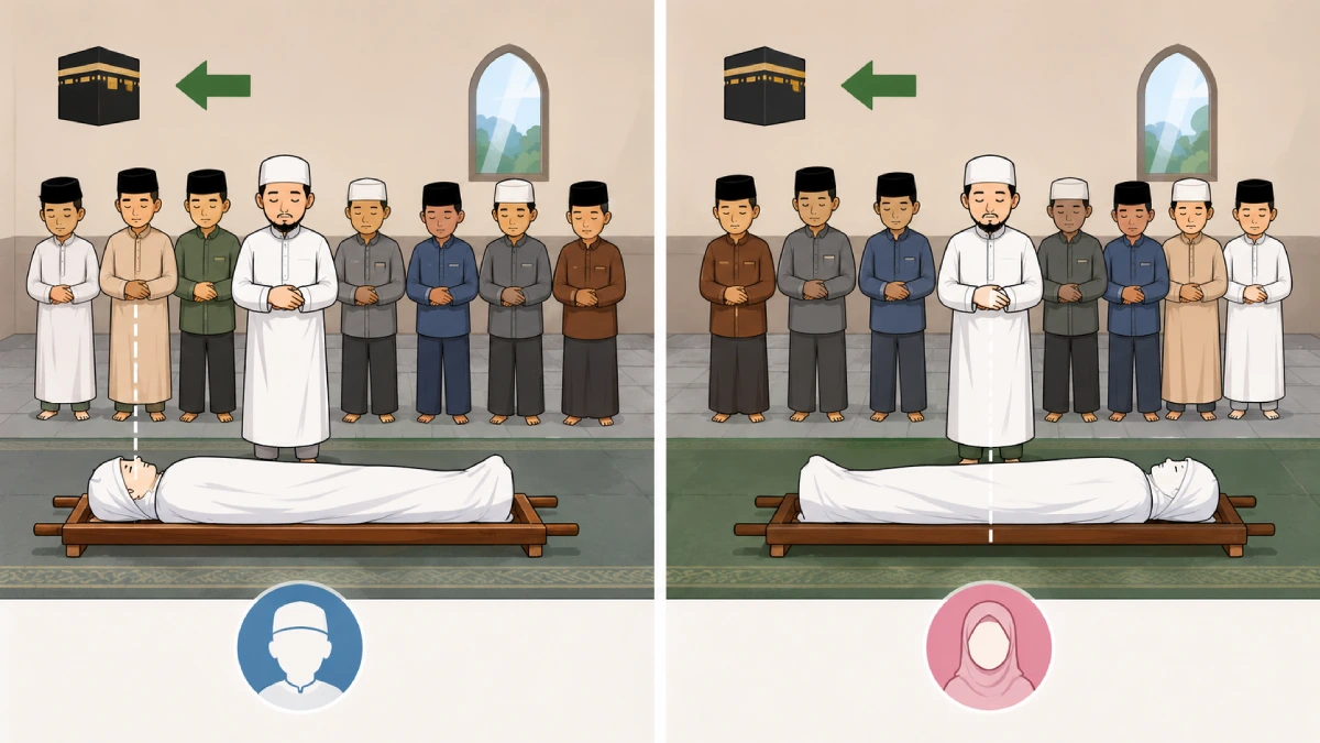 Ilustrasi posisi kepala jenazah laki-laki dan perempuan saat shalat jenazah menurut pendapat ulama dalam Islam.