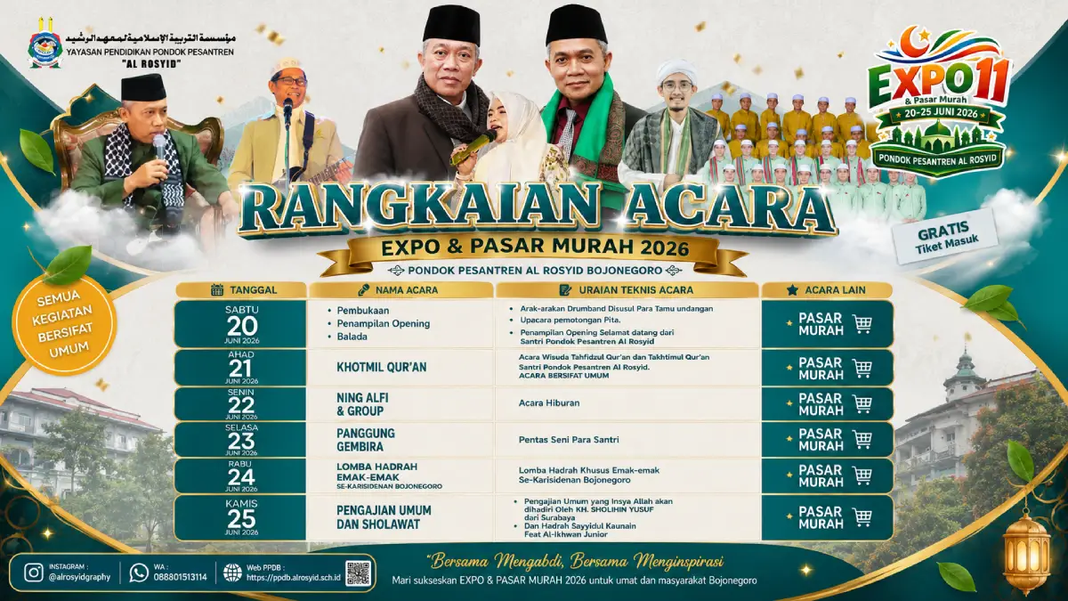 Poster rangkaian acara Expo dan Pasar Murah 2026 Pondok Pesantren Al Rosyid Bojonegoro yang berlangsung pada 20–25 Juni 2026.