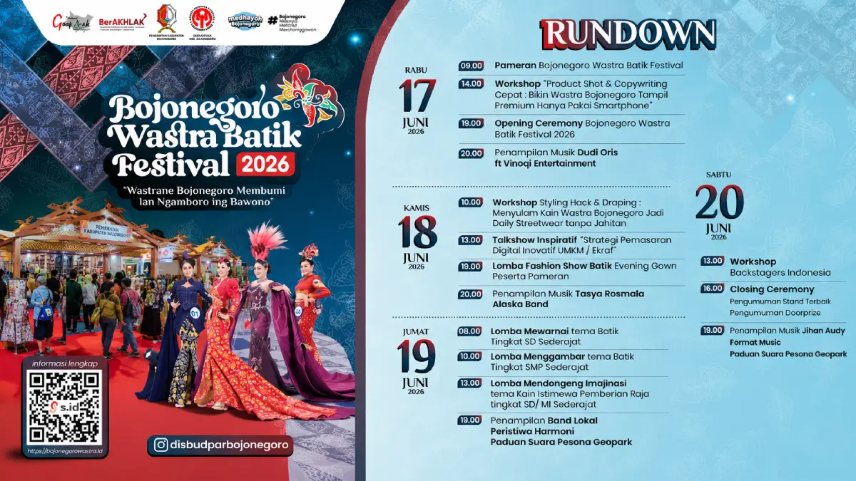 Poster rundown Bojonegoro Wastra Batik Festival 2026 yang menampilkan jadwal pameran, workshop, lomba, fashion show, dan hiburan musik pada 17–20 Juni 2026.