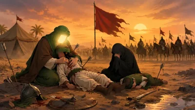 Ilustrasi Perang Karbala yang menggambarkan suasana duka setelah gugurnya Husain bin Ali di padang Karbala pada 10 Muharram 61 Hijriah.