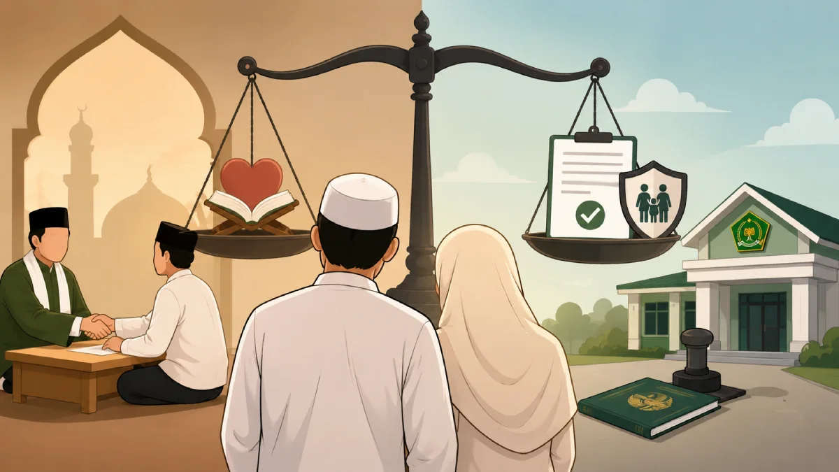 Ilustrasi kartun pasangan suami istri yang menimbang antara kesahihan agama dan pencatatan pernikahan dalam pembahasan nikah sirri dari perspektif hukum, sosial, dan kemaslahatan.