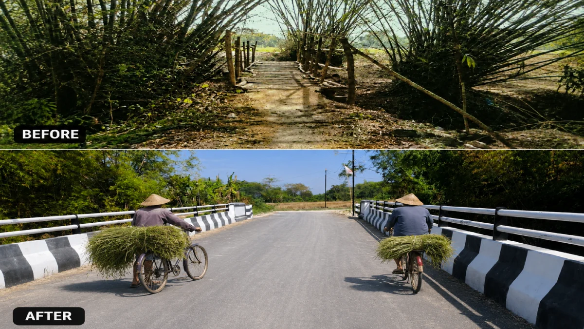 Perbandingan sebelum dan sesudah pembangunan Jembatan Sumuragung, Bojonegoro yang mempermudah akses petani mengangkut hasil panen.