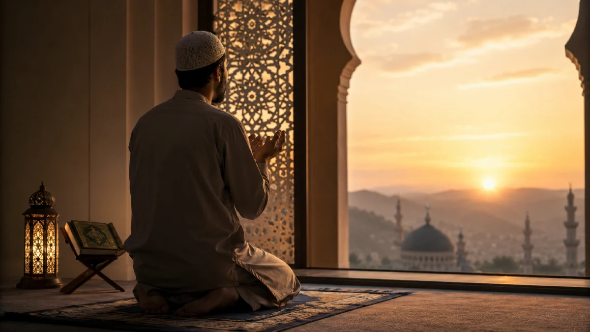 Ilustrasi seorang muslim berdoa dan membaca Al-Qur'an di dalam masjid sebagai simbol istiqamah dalam ketaatan kepada Allah, karomah yang sejati menurut ajaran Islam.