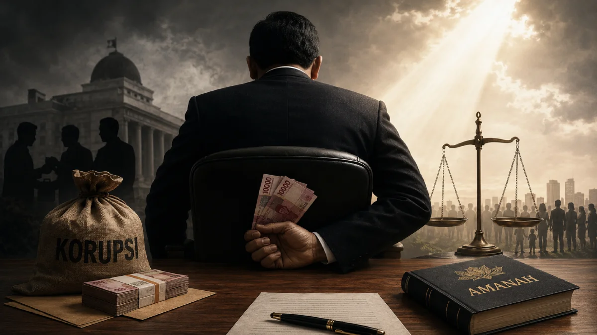 Ilustrasi pemimpin menyalahgunakan jabatan sebagai simbol krisis integritas dan maraknya korupsi.